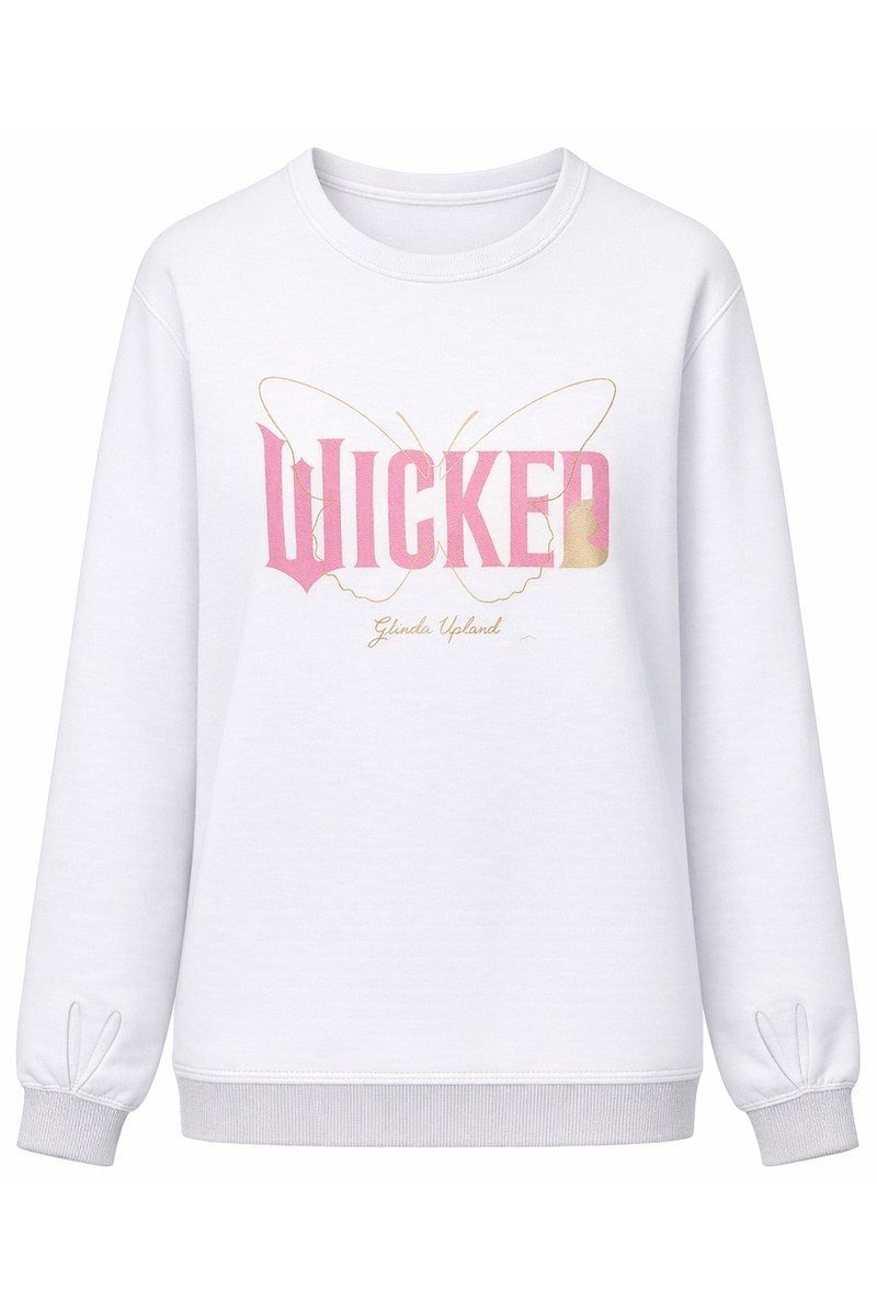 سويت شيرت أبيض بطباعة WICKED وردي وذهبي