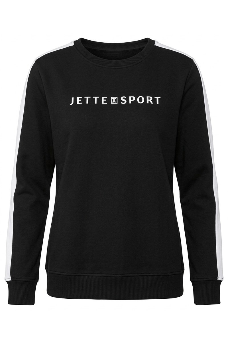 سويتشيرت نسائي أسود بشعار JETTE SPORT وخطوط بيضاء على الأكمام