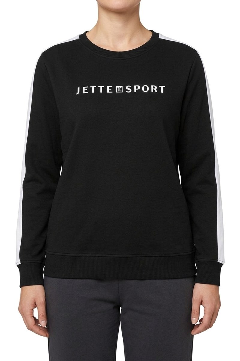 سويتشيرت نسائي أسود بشعار JETTE SPORT وخطوط بيضاء على الأكمام — صورة 2