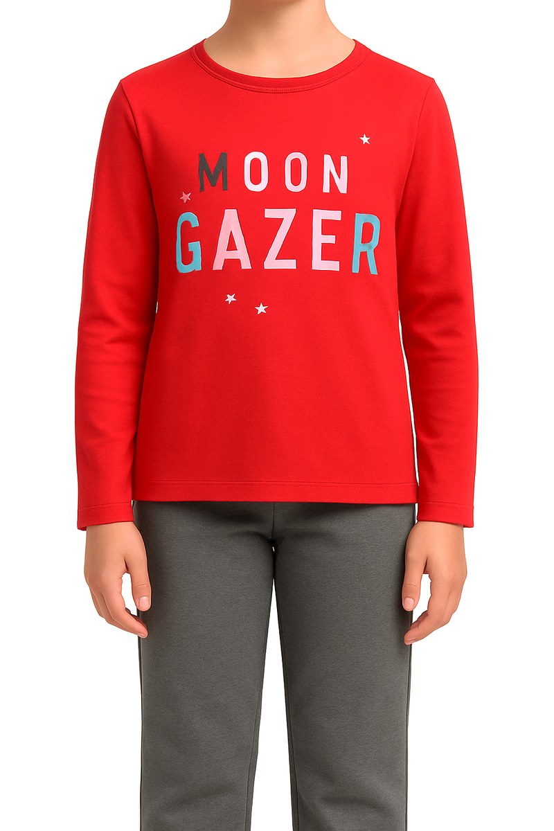 تيشيرت بناتي بأكمام طويلة باللون الوردي وطبعة "MOON GAZER" — صورة 2