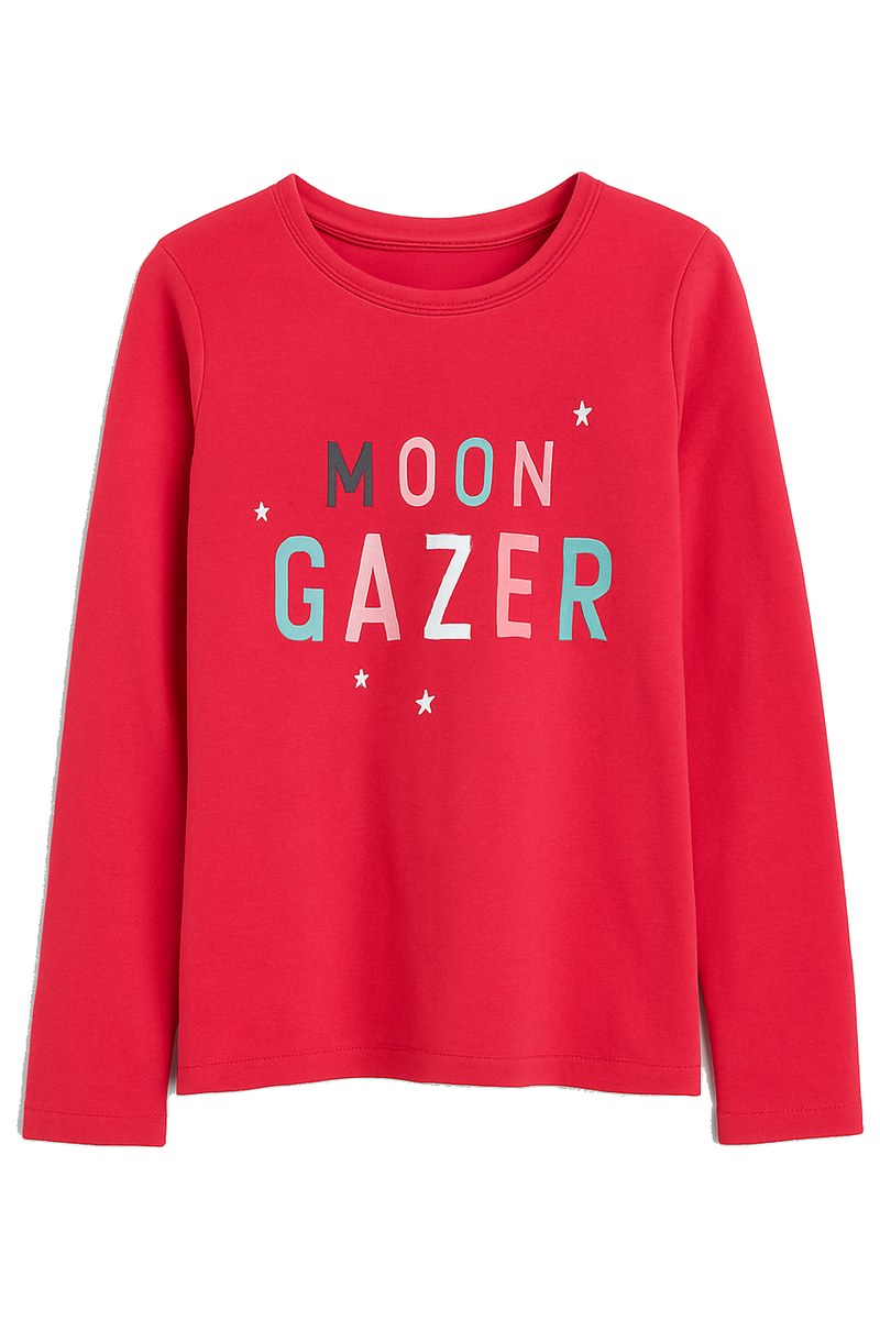 تيشيرت بناتي بأكمام طويلة باللون الوردي وطبعة "MOON GAZER"