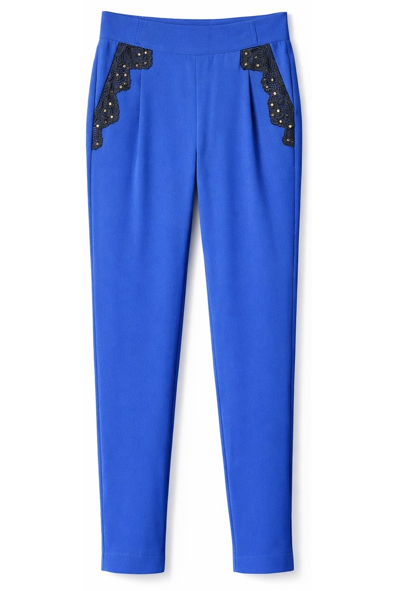 بنطلون نسائي أزرق داكن ملكي بتطريز دانتيل وخرز ذهبي