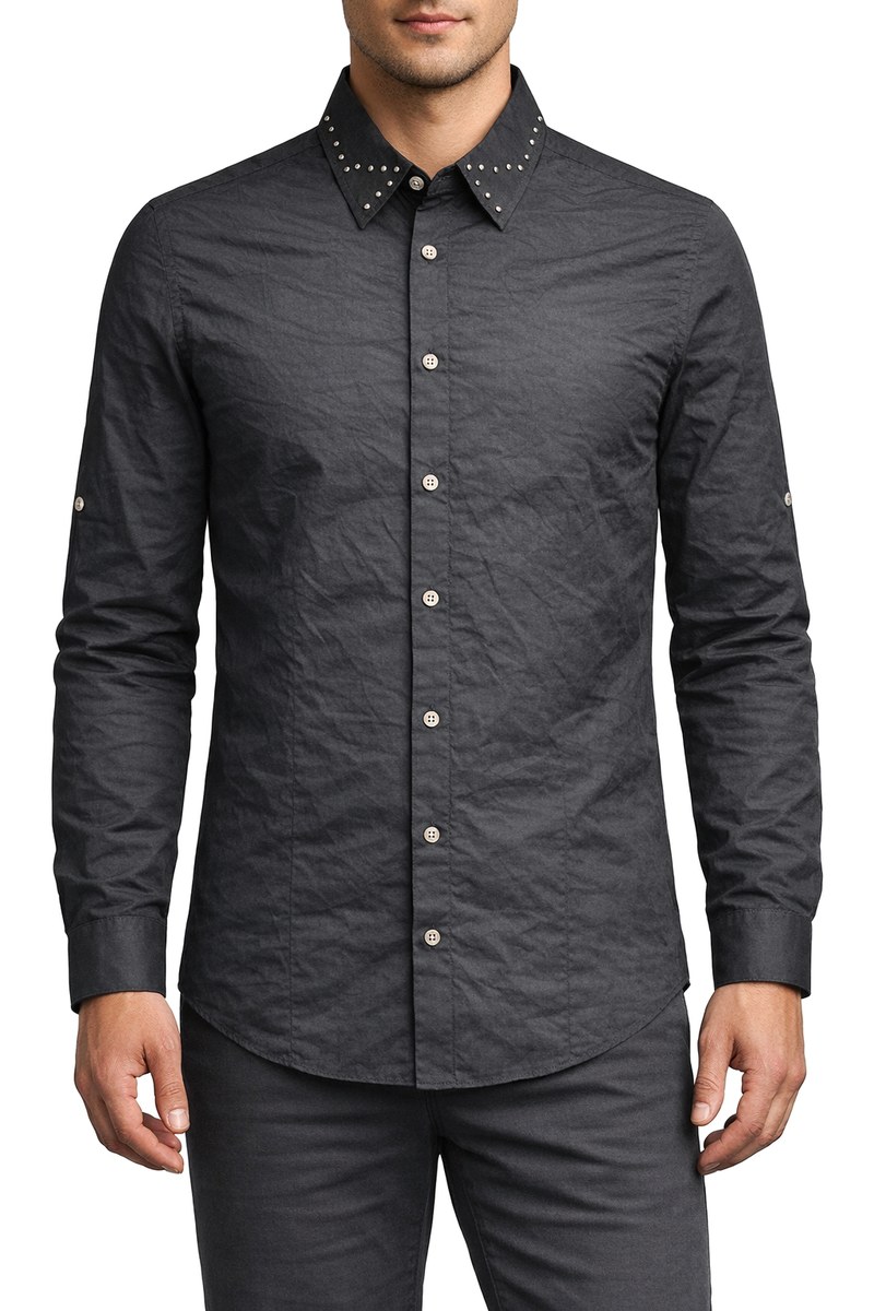 قميص رجالي أسود بأكمام طويلة وياقة مرصعة من Jack & Jones — صورة 2