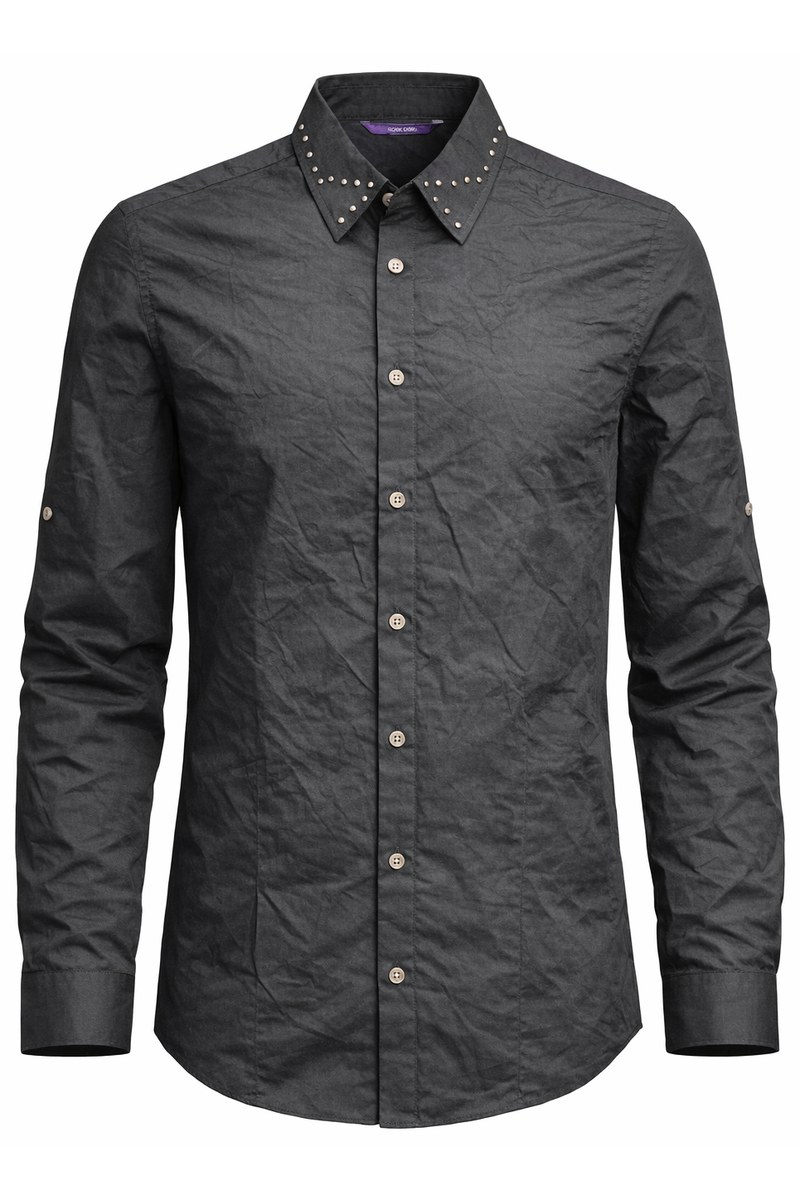 قميص رجالي أسود بأكمام طويلة وياقة مرصعة من Jack & Jones