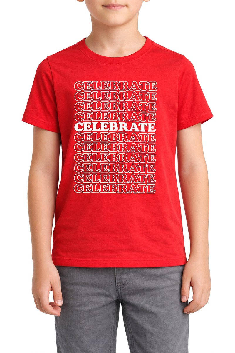 تيشيرت أحمر للأطفال بطبعة كلمة CELEBRATE — صورة 2
