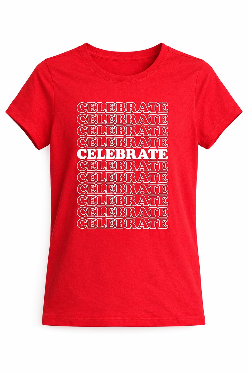 تيشيرت أحمر للأطفال بطبعة كلمة CELEBRATE