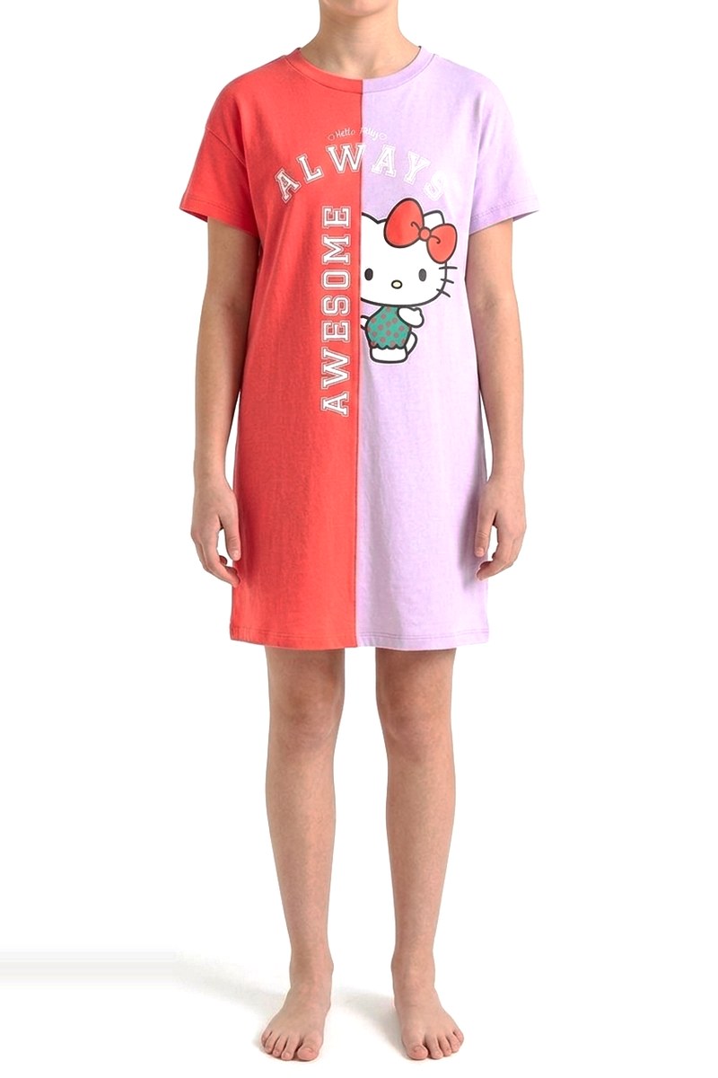 فستان بناتي بتصميم مقسوم الألوان وطبعة Hello Kitty — صورة 2