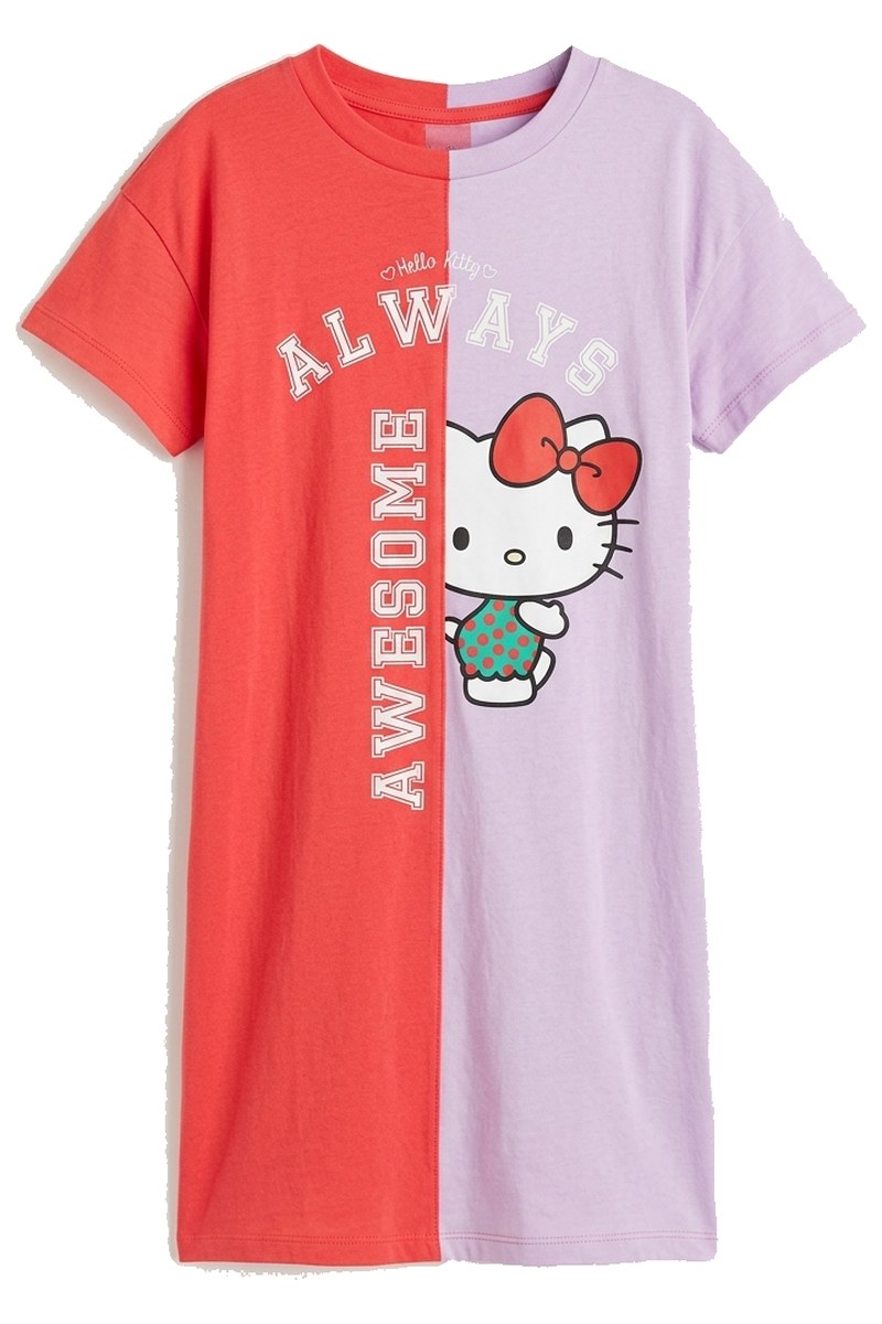 فستان بناتي بتصميم مقسوم الألوان وطبعة Hello Kitty
