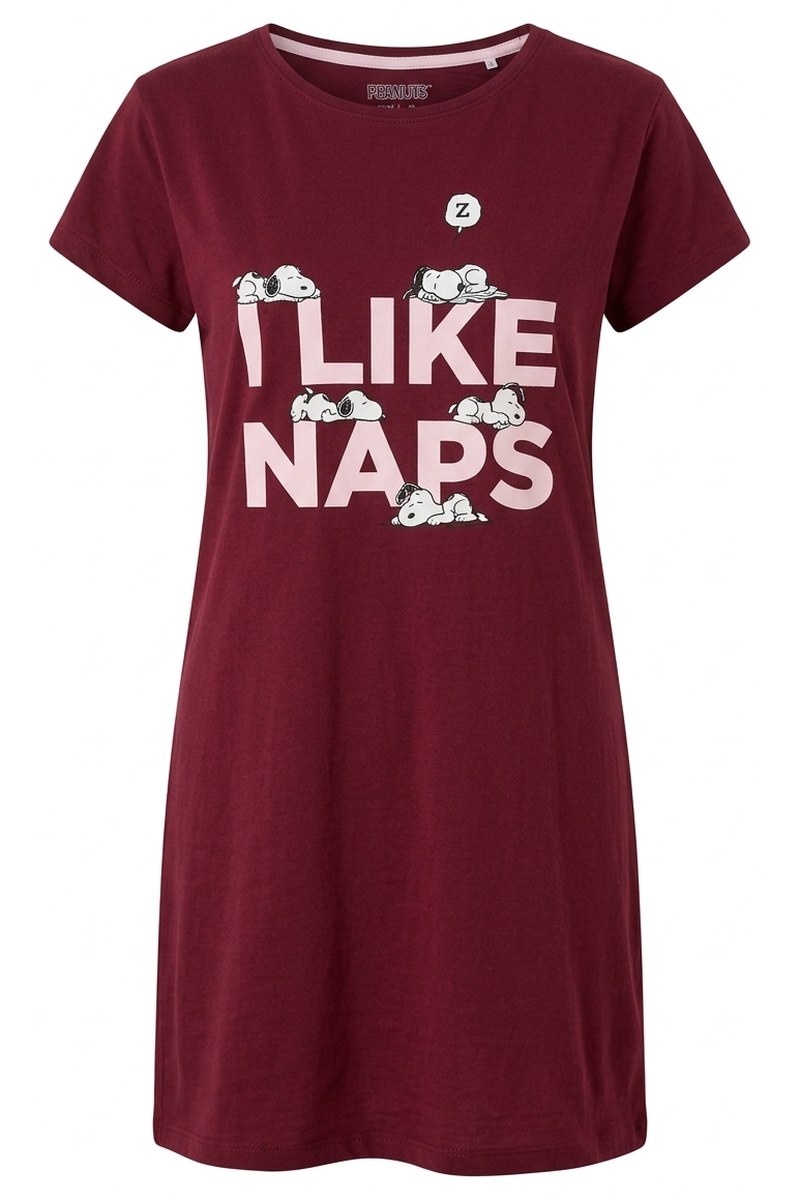 فستان نوم نسائي أحمر ماروني بطبعة سنوبي "I LIKE NAPS"