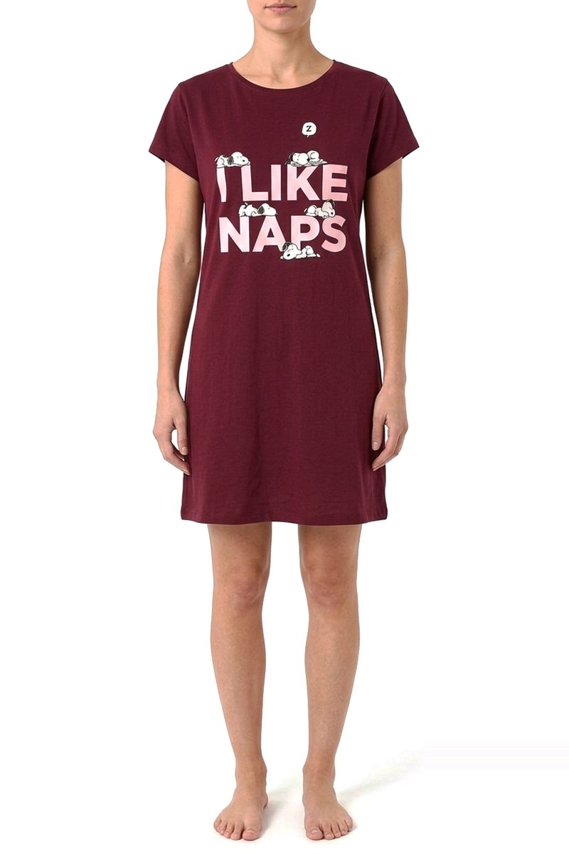 فستان نوم نسائي أحمر ماروني بطبعة سنوبي "I LIKE NAPS" — صورة 2