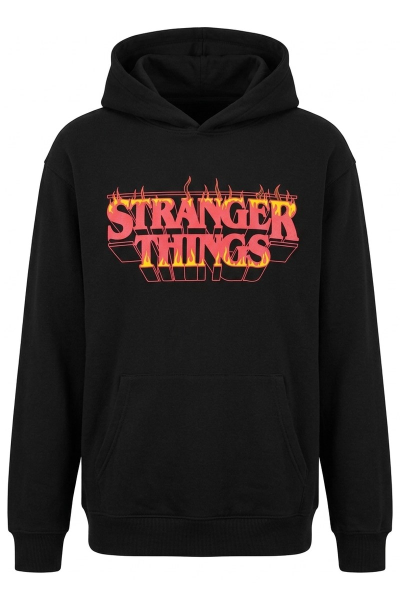 هودي رجالي أسود بطبعة Stranger Things