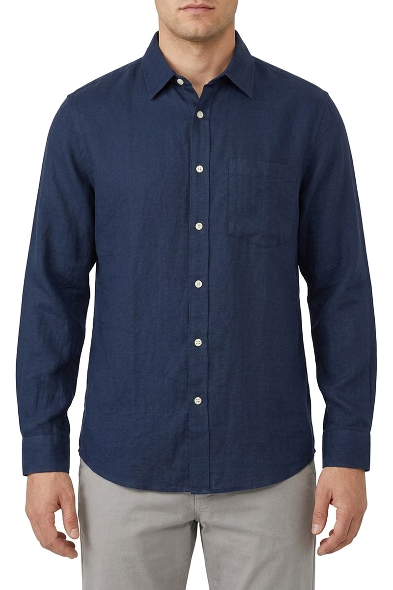قميص رجالي أزرق كحلي بأكمام طويلة وجيب صدر واحد — صورة 2